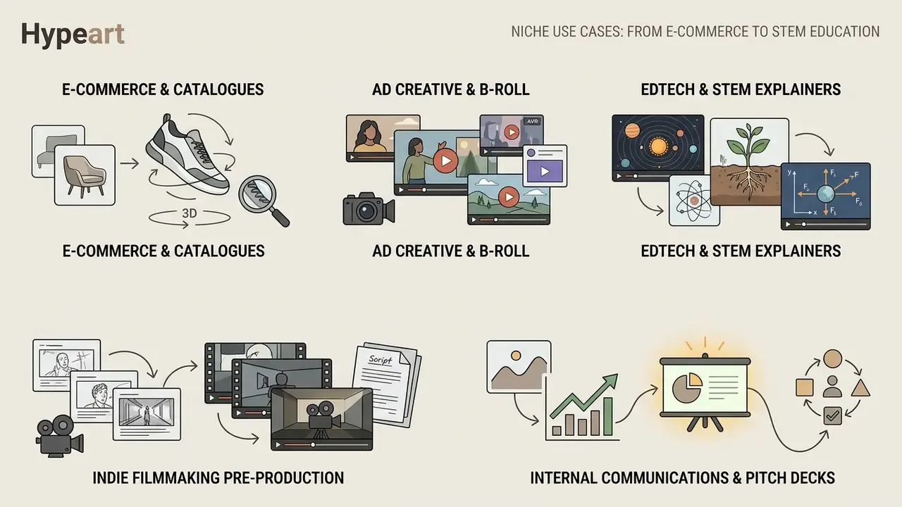 Infographic showing diverse applications of video AI in e-commerce, advertising, education, and film