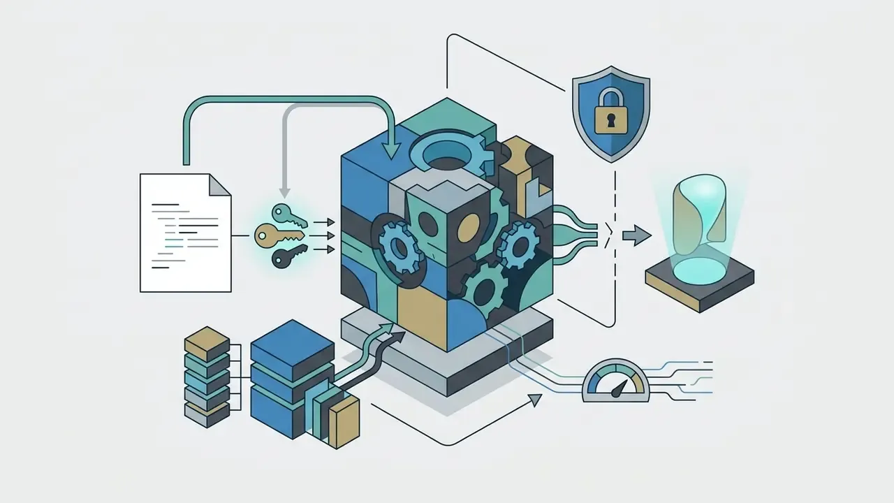 Diagram showing source code and keys feeding into a mechanical gear cube protected by a security shield
