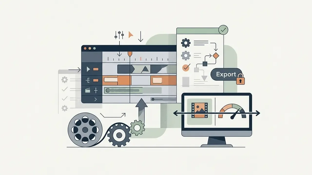Digital workspace showing a timeline interface, gear icons, and a monitor with performance gauges