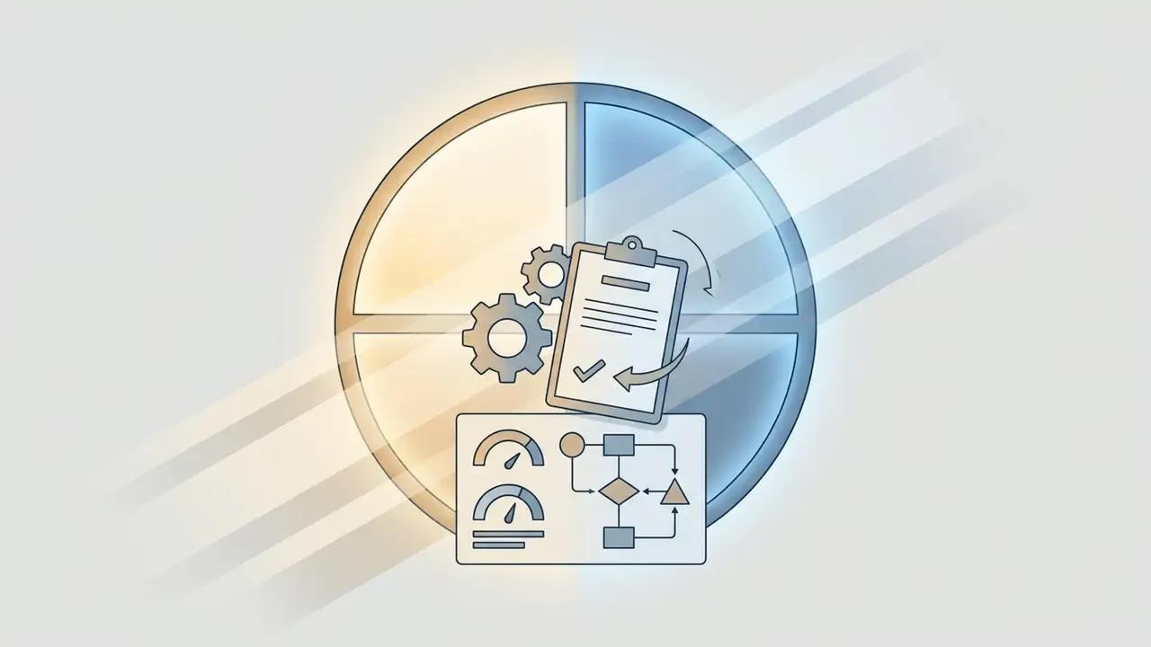 Gears, a clipboard, and a process panel overlaid on a split golden and blue circular background