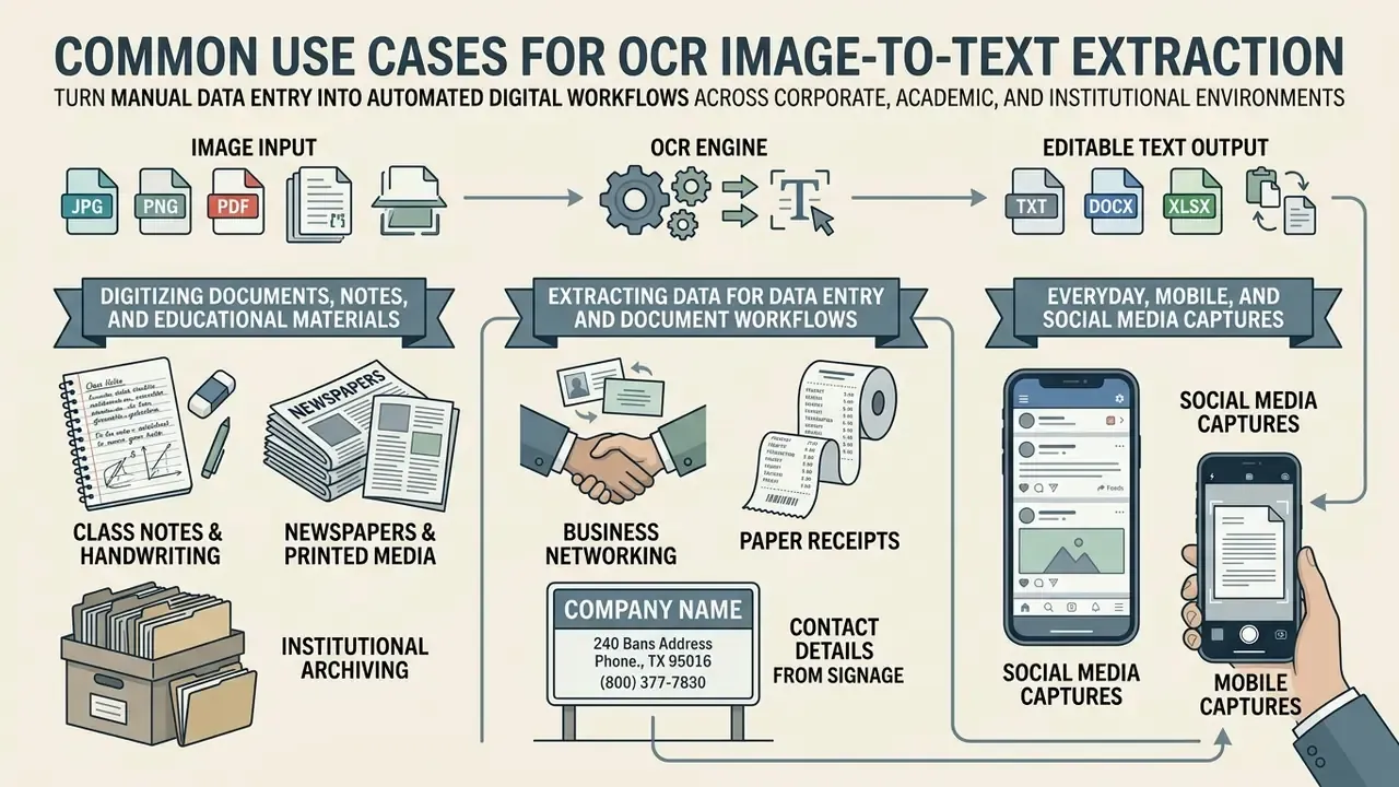 Diagram illustrating diverse applications of OCR image to text extraction in professional and daily settings