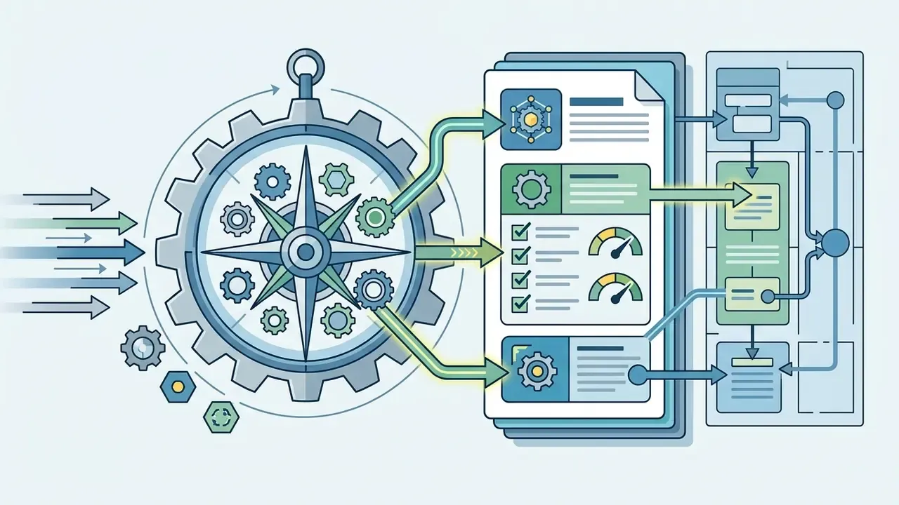 Compass gear mechanism mapping data inputs to governance documentation and risk management workflows