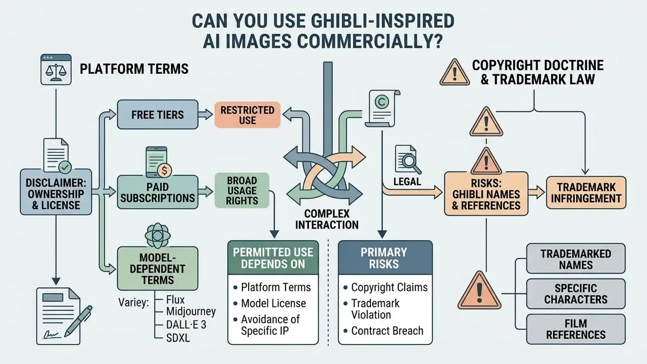 Flowchart mapping the legal risks and platform terms involved in the commercial use of AI generated art
