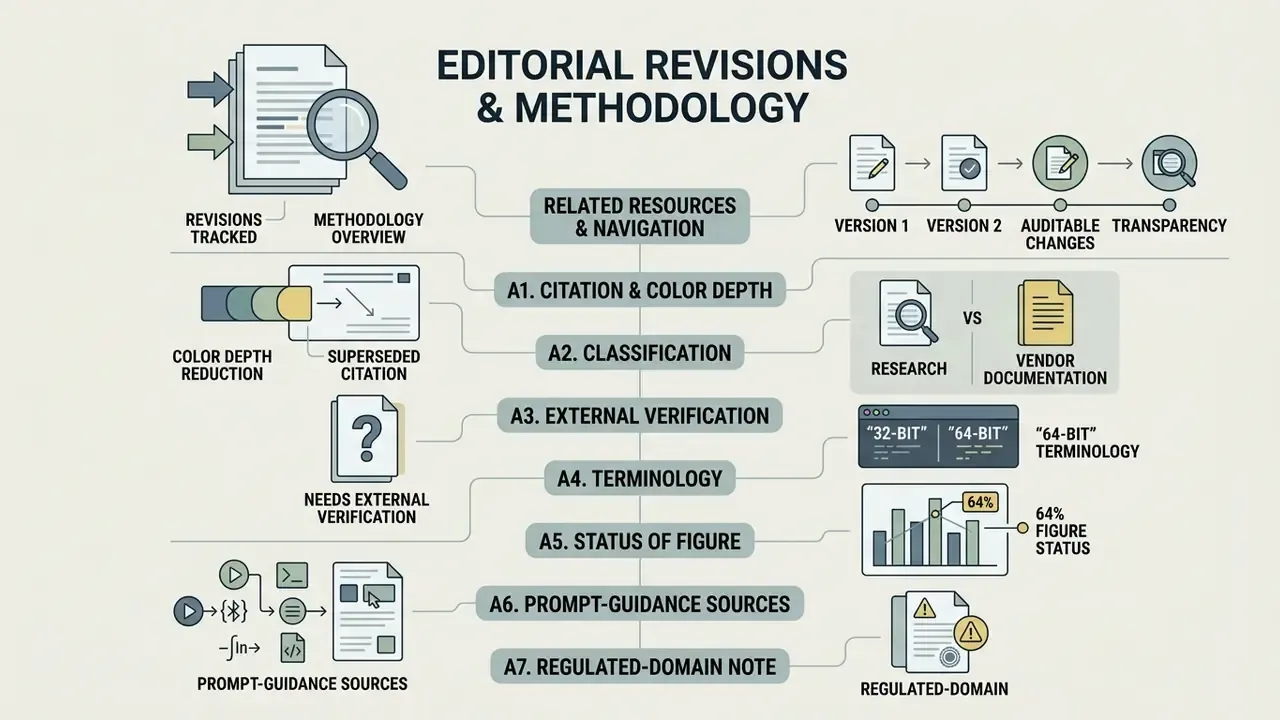 Infographic outlining editorial revision processes, methodology steps, and documentation tracking
