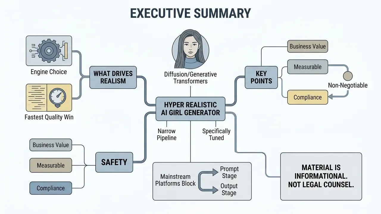 Flowchart detailing the technical and safety components of a hyper realistic AI girl generator