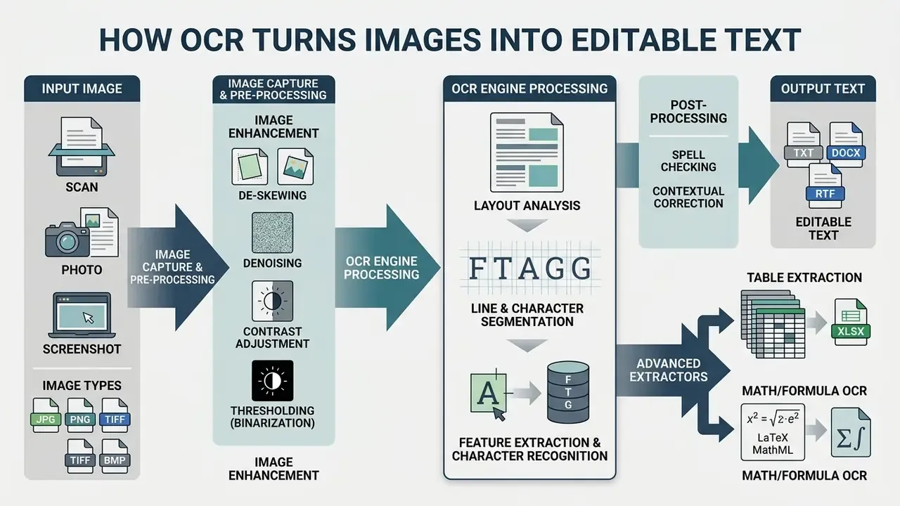Flowchart detailing the stages to extract text from image files through pre-processing and OCR analysis