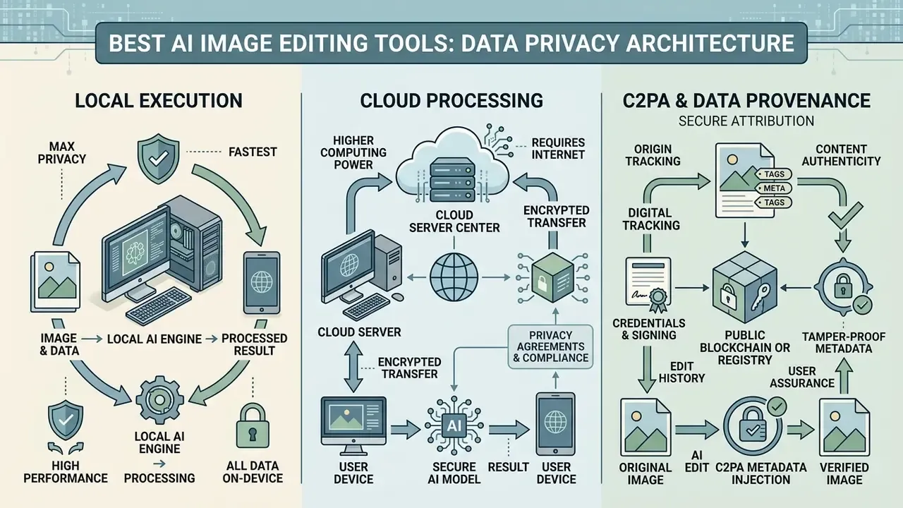 Diagram comparing local execution, cloud processing, and data provenance for AI image editing tools