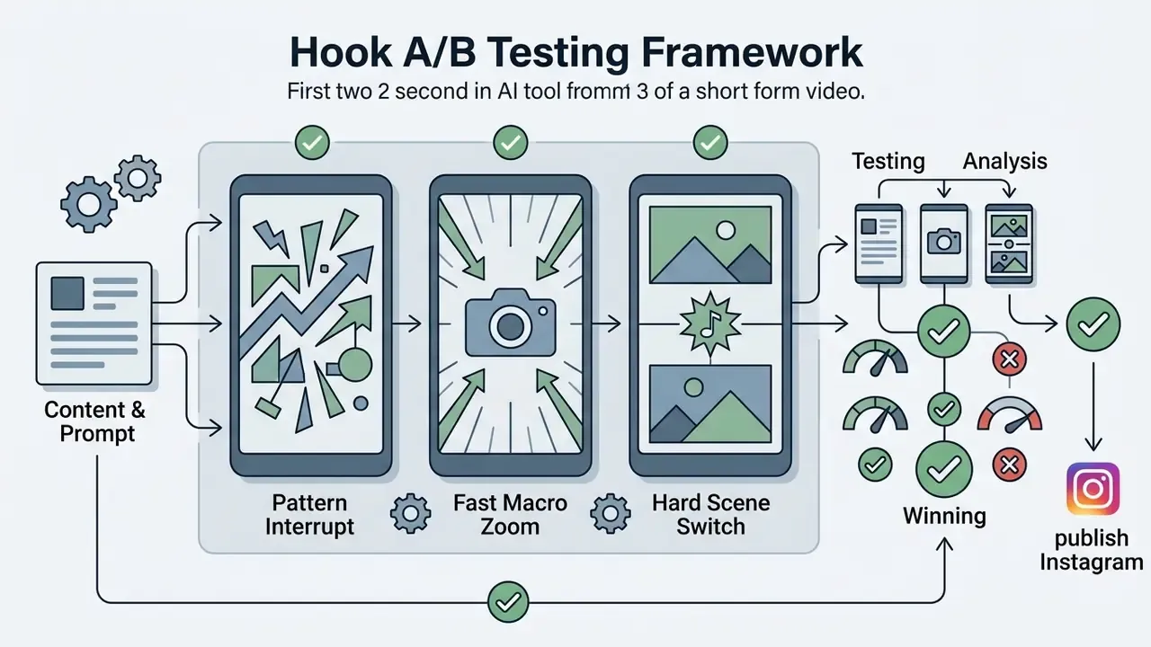 Three mobile phone screens showing different visual hook techniques leading to testing and final publishing