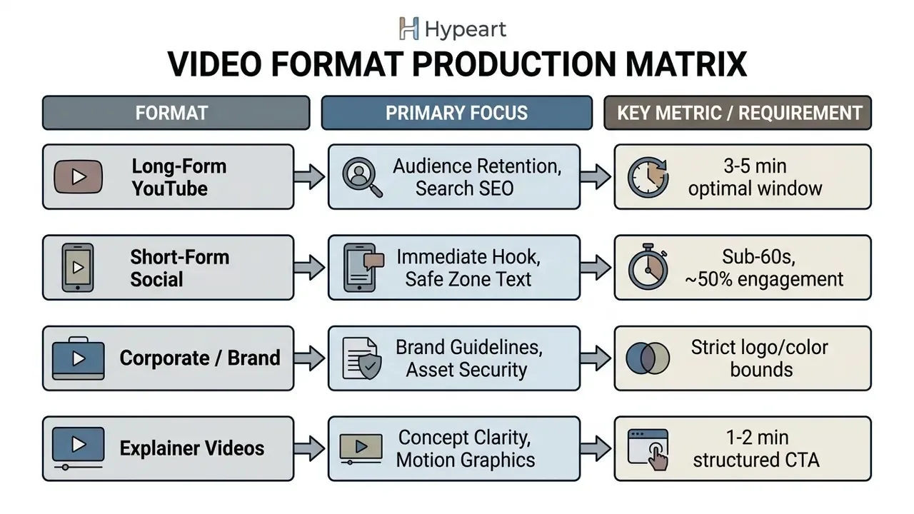 Comparison table outlining primary focus and key metrics for different video editing service formats