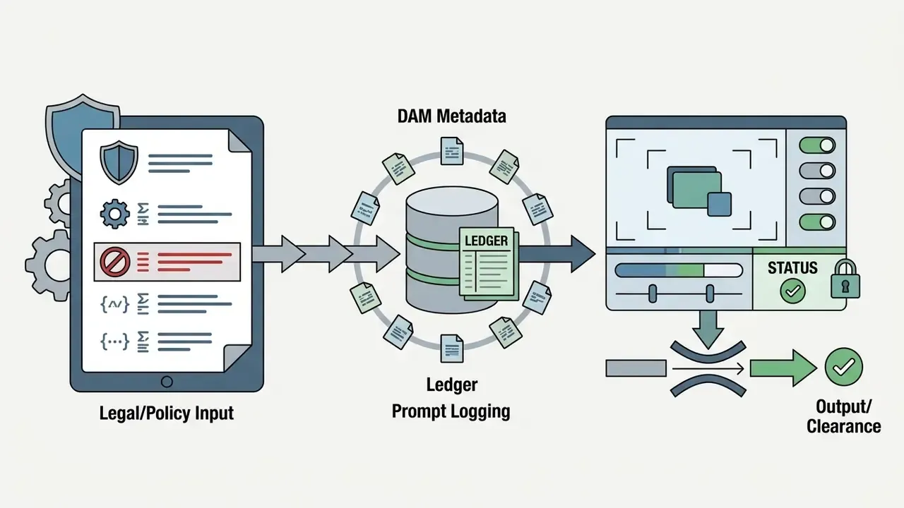 Legal policy inputs flowing through a ledger into a digital asset interface for output clearance