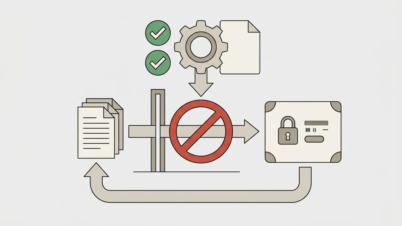 Documents passing through a blocked gate into a locked case representing restricted data flow