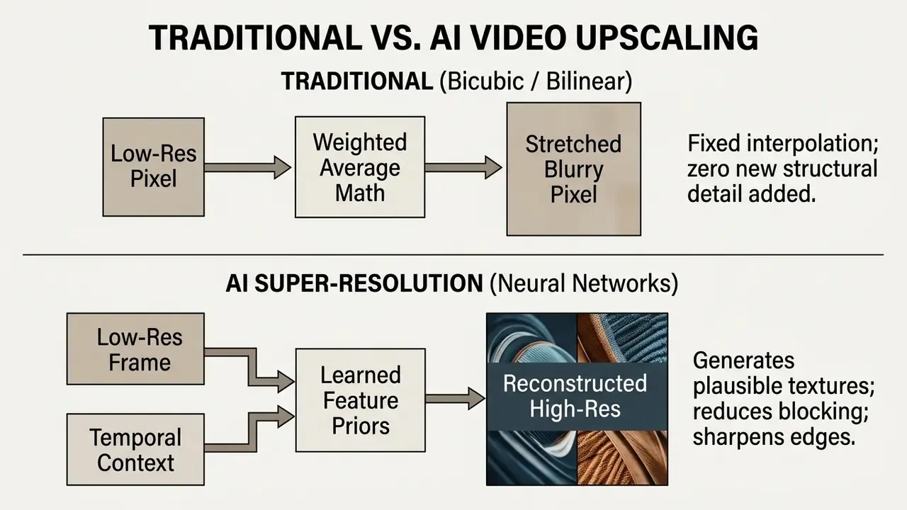 Comparison flowchart showing traditional interpolation versus neural network based AI video upscaling