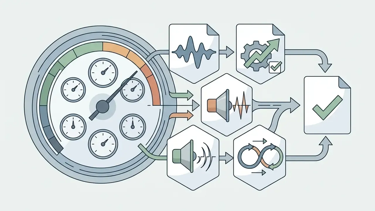 Dashboard gauges connected to icons representing audio analysis, vocal processing, and quality validation