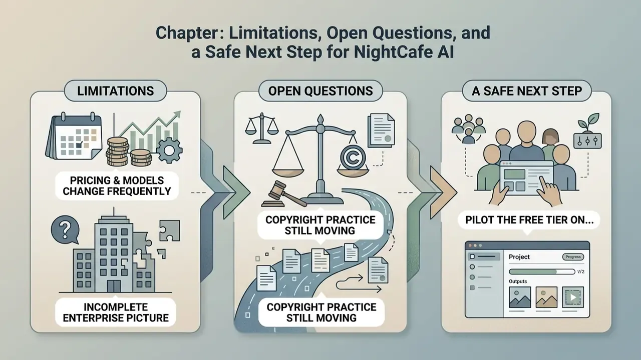 Three-step process flow showing NightCafe AI limitations, open copyright questions, and a pilot project path