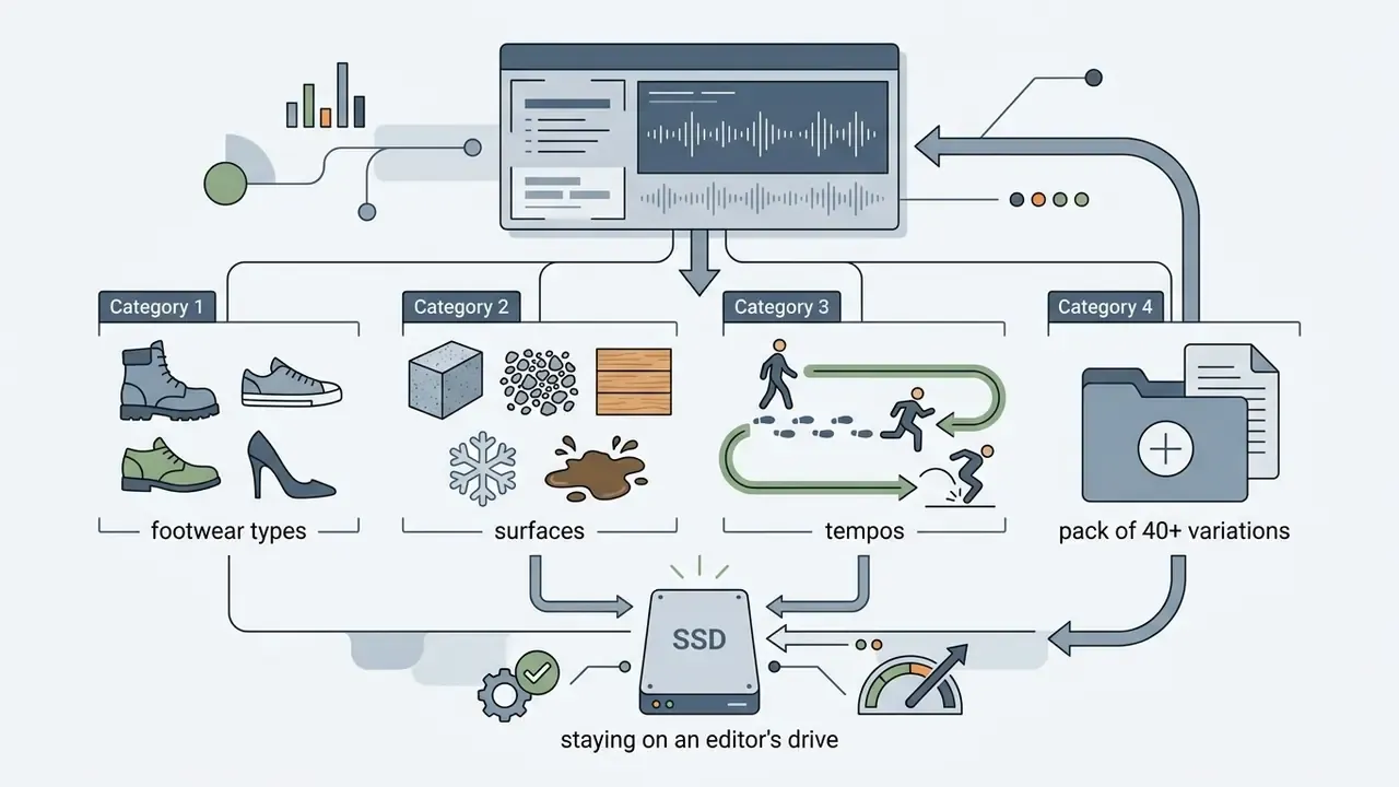 Diagram showing categories of footwear, surfaces, and movement tempos organized for storage on an SSD