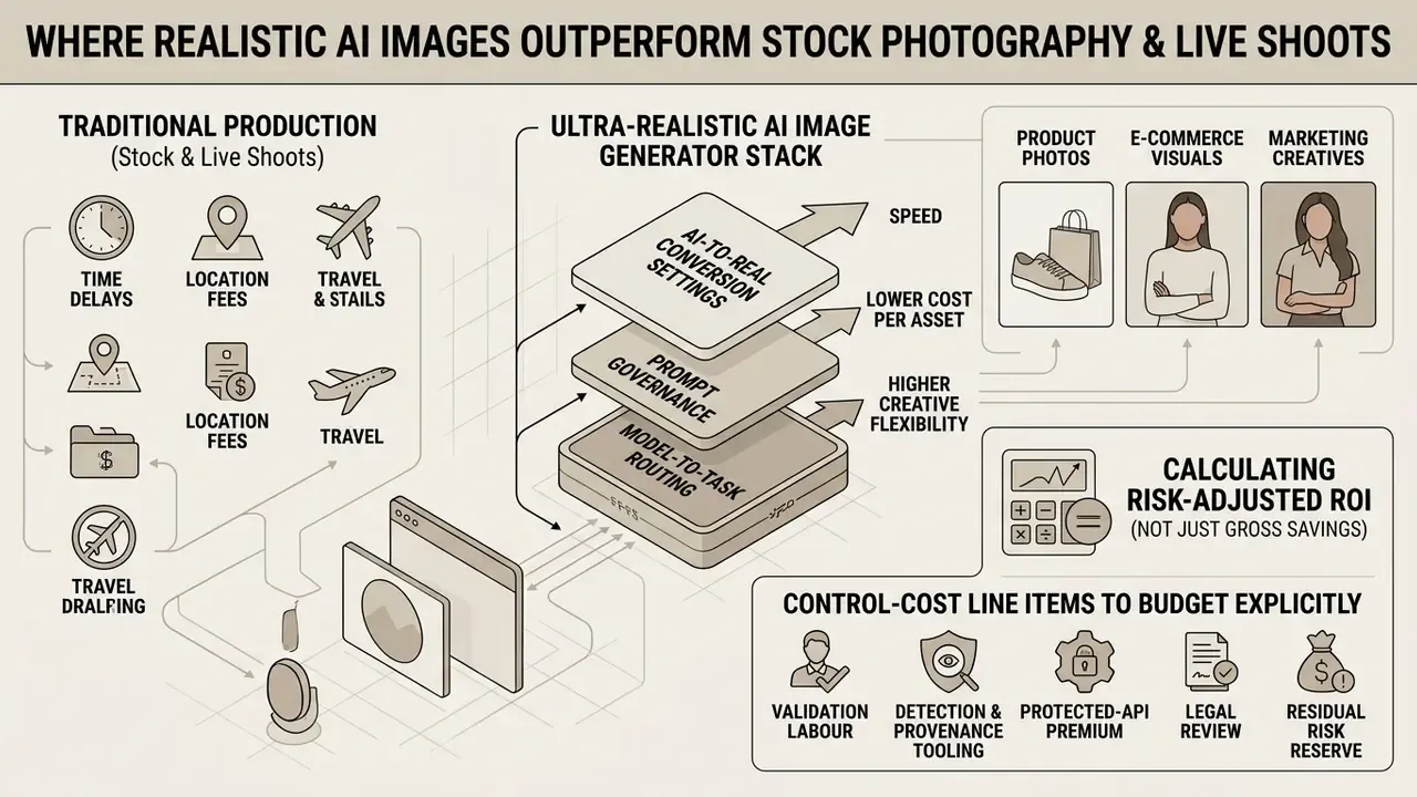Comparison of traditional production costs against an AI generator stack for marketing and e-commerce