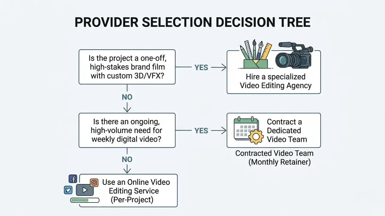 Decision tree flowchart guiding the selection of professional video editing services online