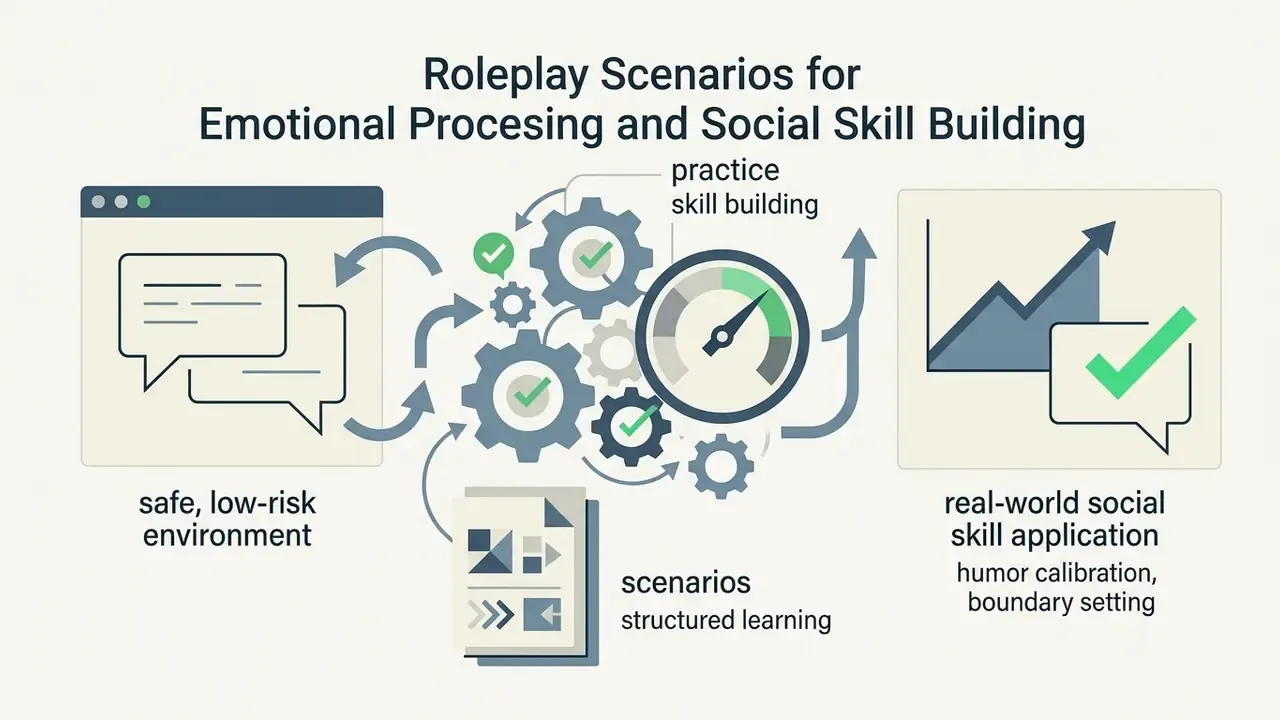 Interconnected gears and icons representing a safe environment for practicing social skills and scenarios