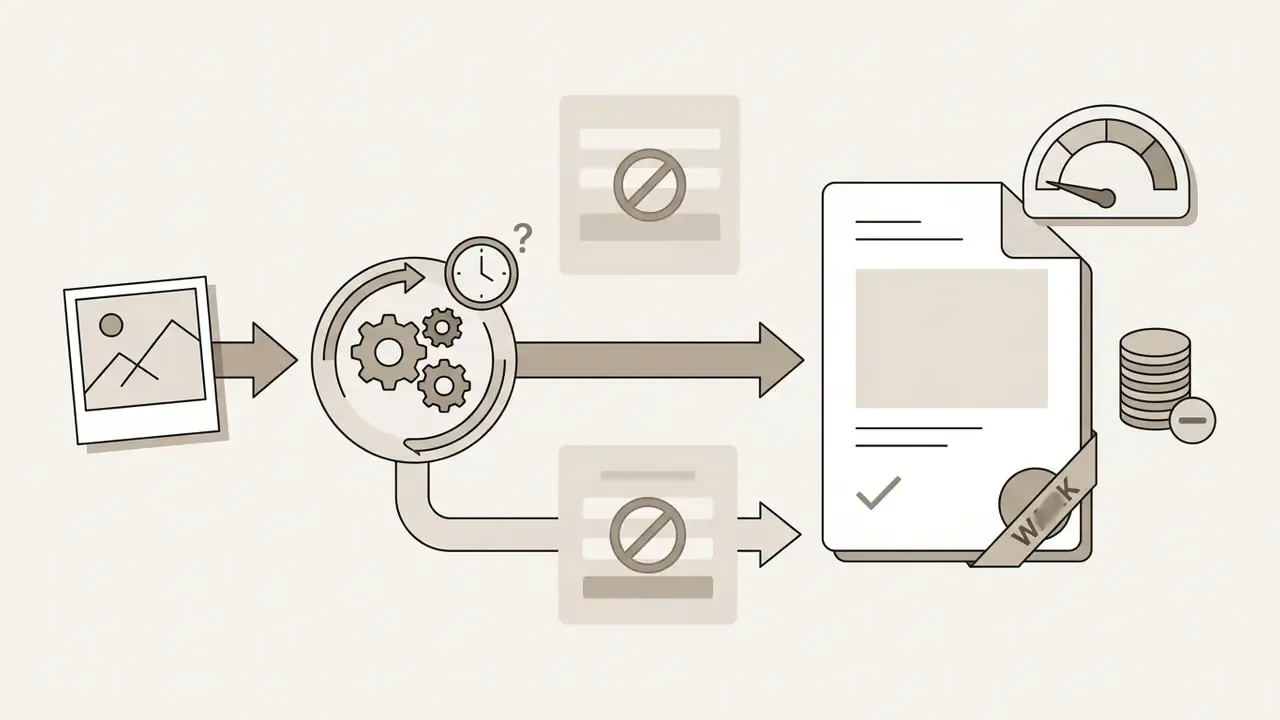Diagram showing a photo processing workflow with options for restricted access and watermarked output