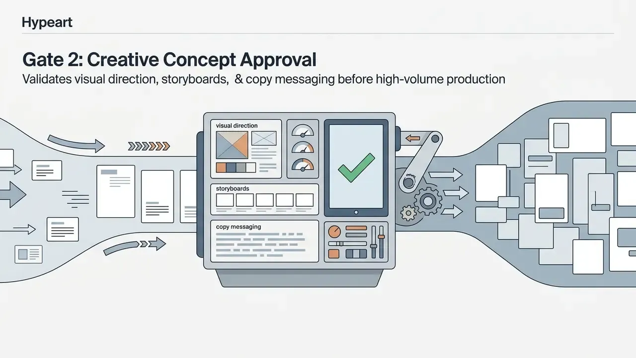 Draft documents flowing into a central review console that validates visual direction and copy for approval