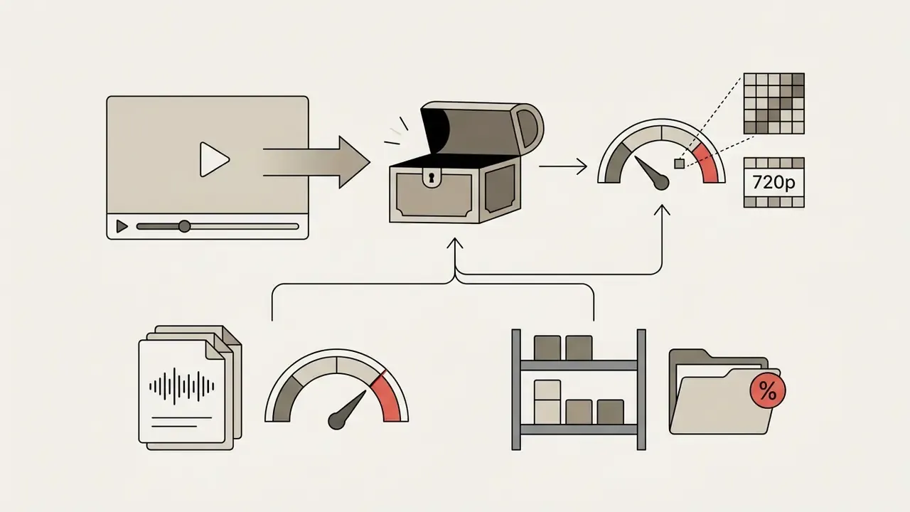Video file moving into a chest then to a gauge showing 720p resolution with transcription and storage limits