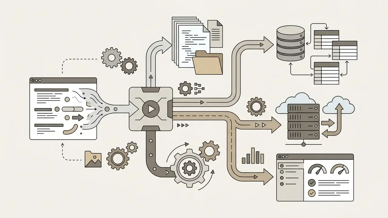 Diagram showing code generation from prompts into database structures, cloud hosting, and dashboard interfaces