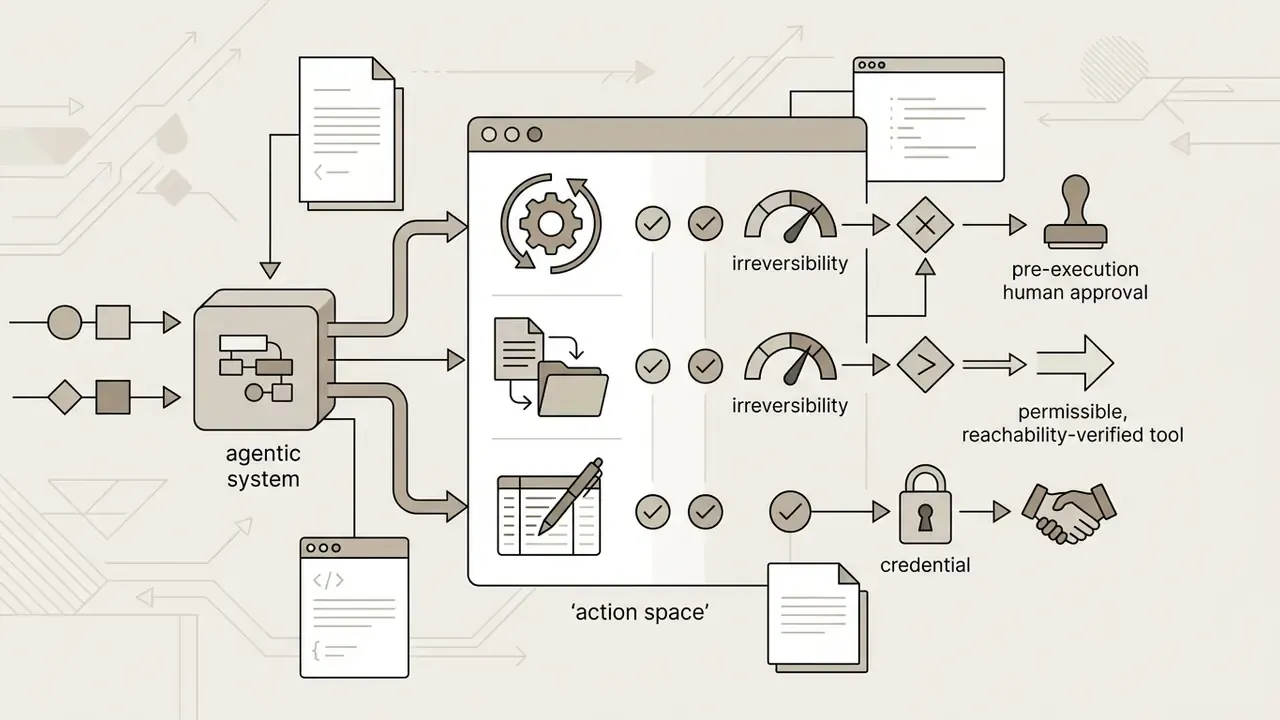 Agentic system inputs flowing into an action space interface with risk gauges and approval workflows