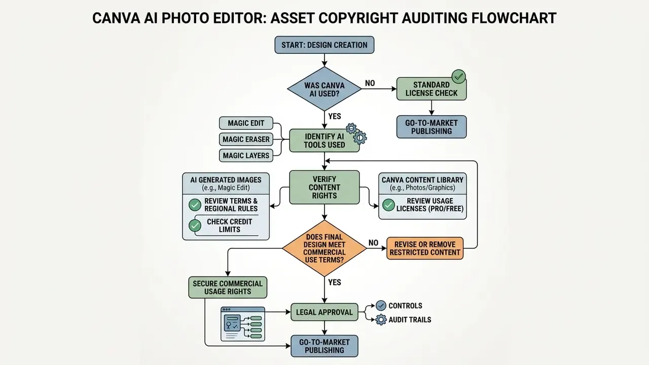 Decision flowchart mapping legal review steps for verifying copyright compliance in graphic designs