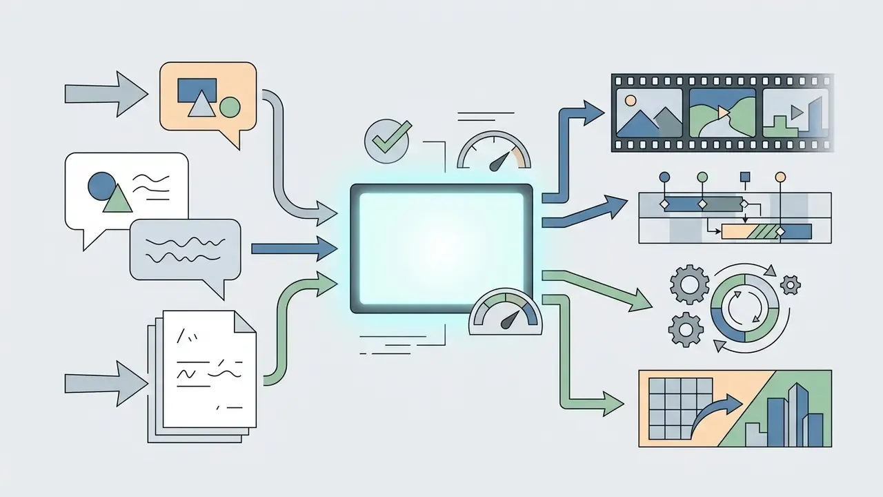 Central text box receiving input from various media icons and outputting to video editing workflows
