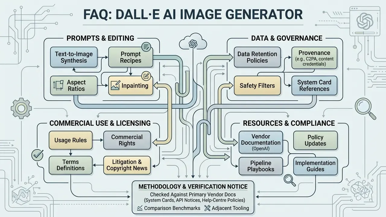 Summary of DALL-E AI image generator governance, commercial rights, and verification methodology