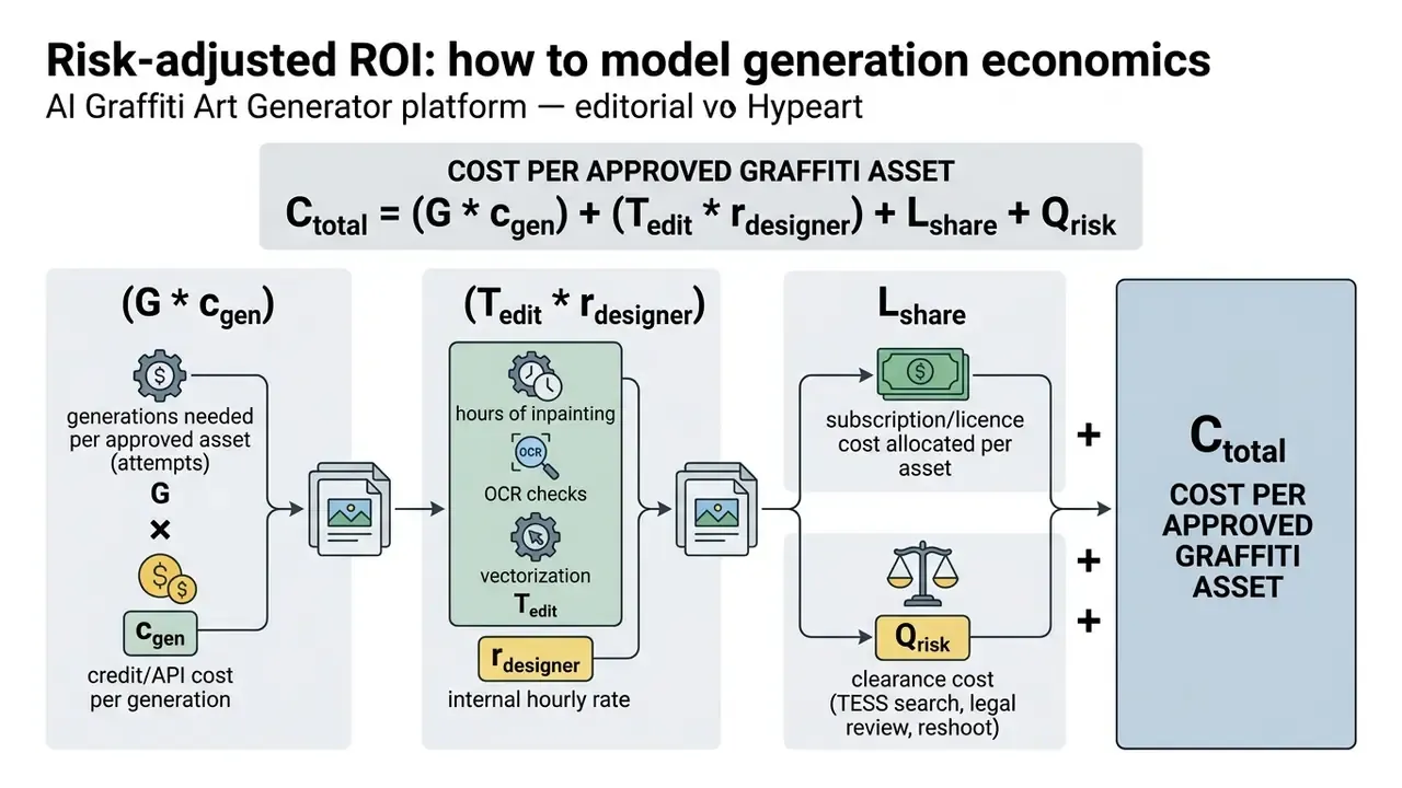 Mathematical formula diagram breaking down the total cost of generating graffiti assets into four factors