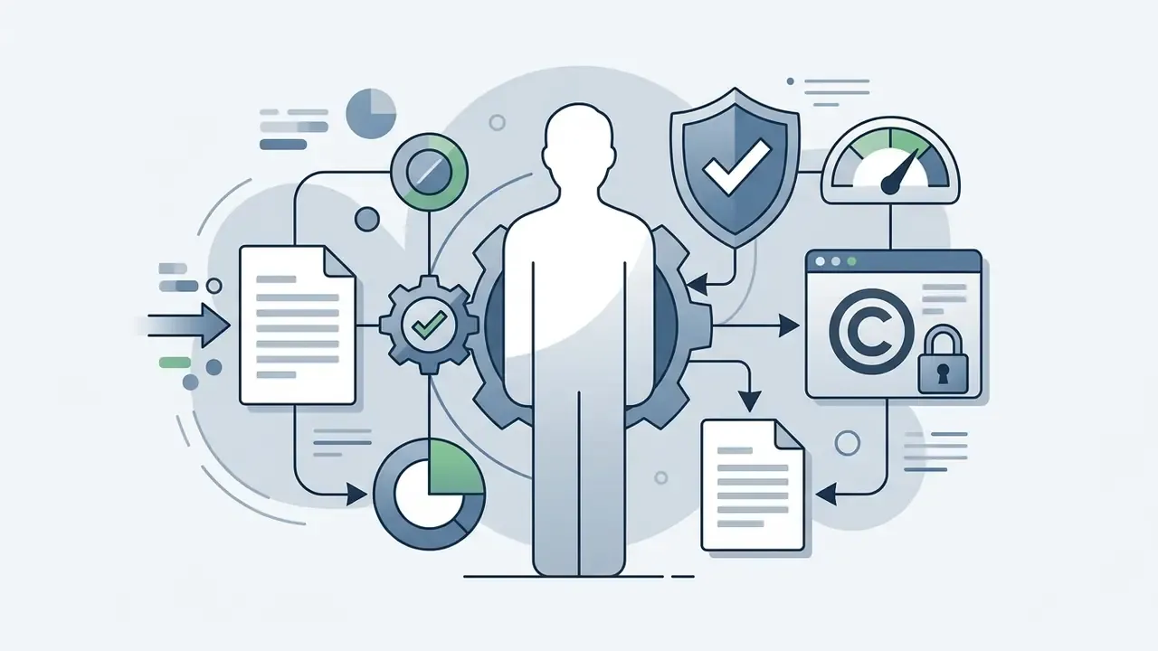 Human silhouette surrounded by gear mechanisms, copyright symbols, a shield icon, and performance gauges