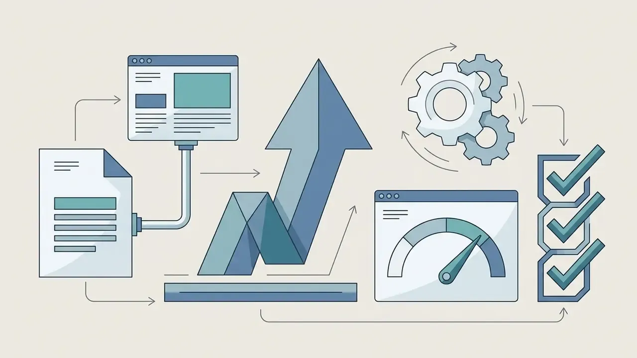 Document and browser interface feeding into an upward arrow with gears and a checklist gauge