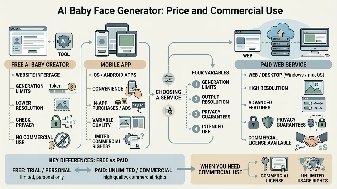 Comparison chart outlining differences between free tools, mobile apps, and paid web services