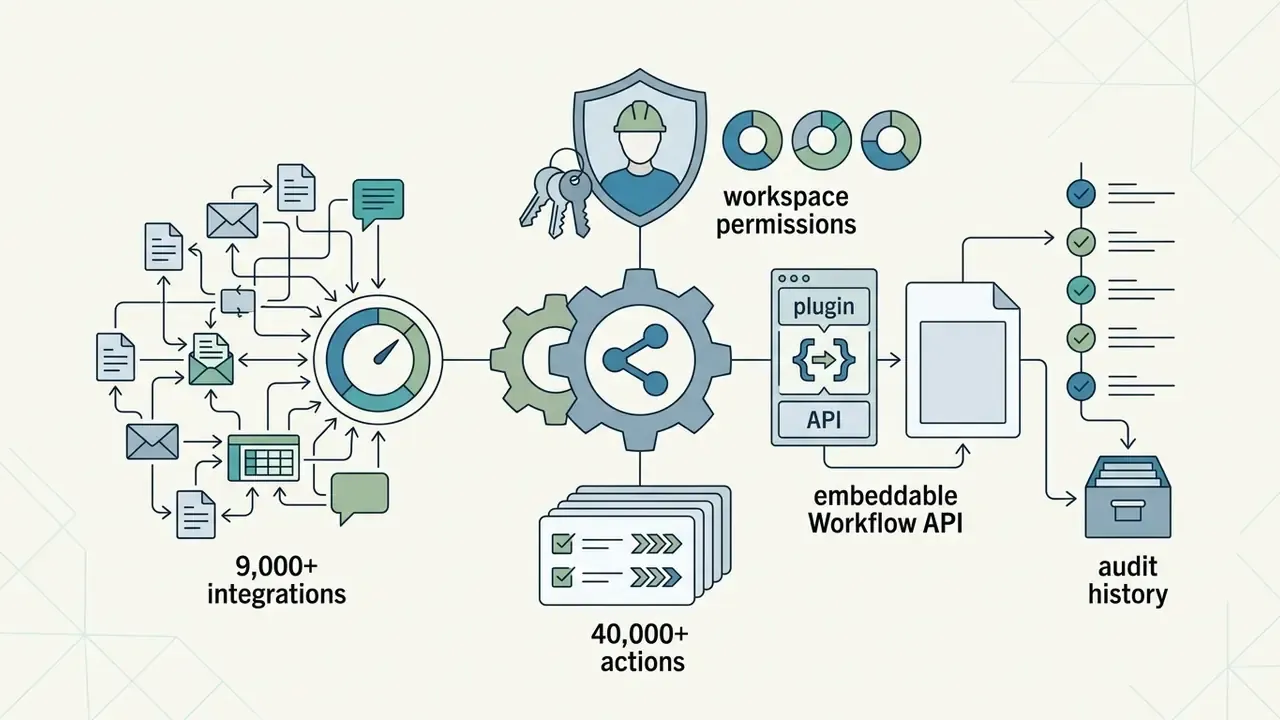 Integration icons feeding into a gear hub connected to API modules, permissions, and audit history logs