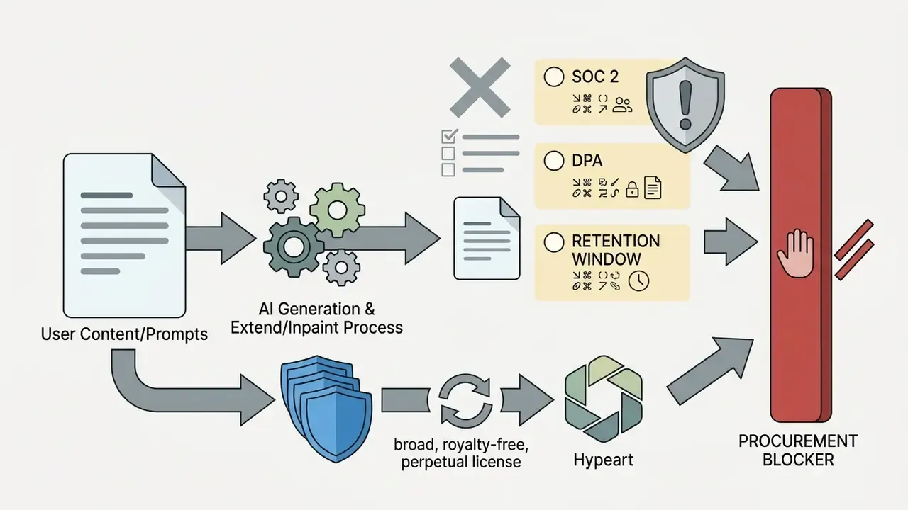 Workflow showing missing compliance documentation and licensing terms acting as a procurement blocker