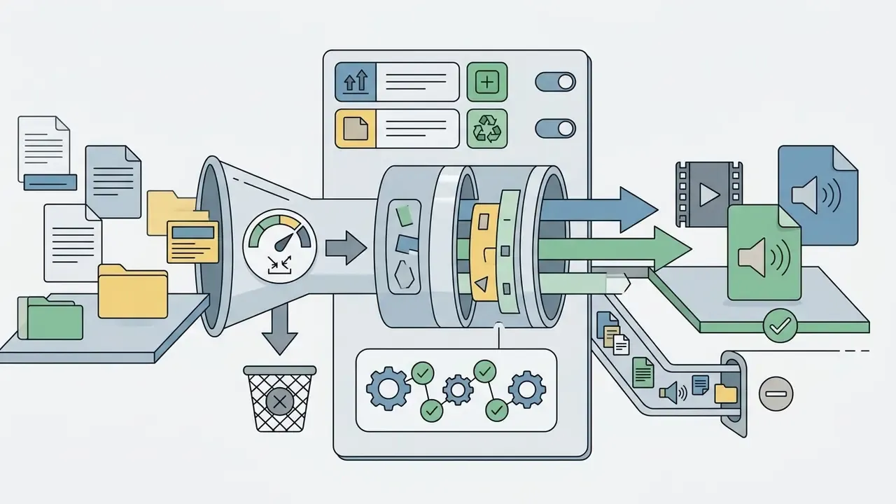 Files funneling through a processing engine to separate media streams and filter data for network analysis