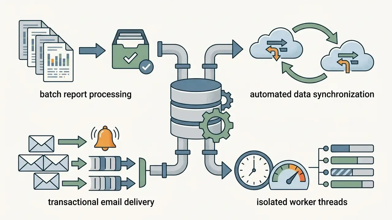 Data flows from reports, emails, and sync tasks into a central database managed by gear mechanisms