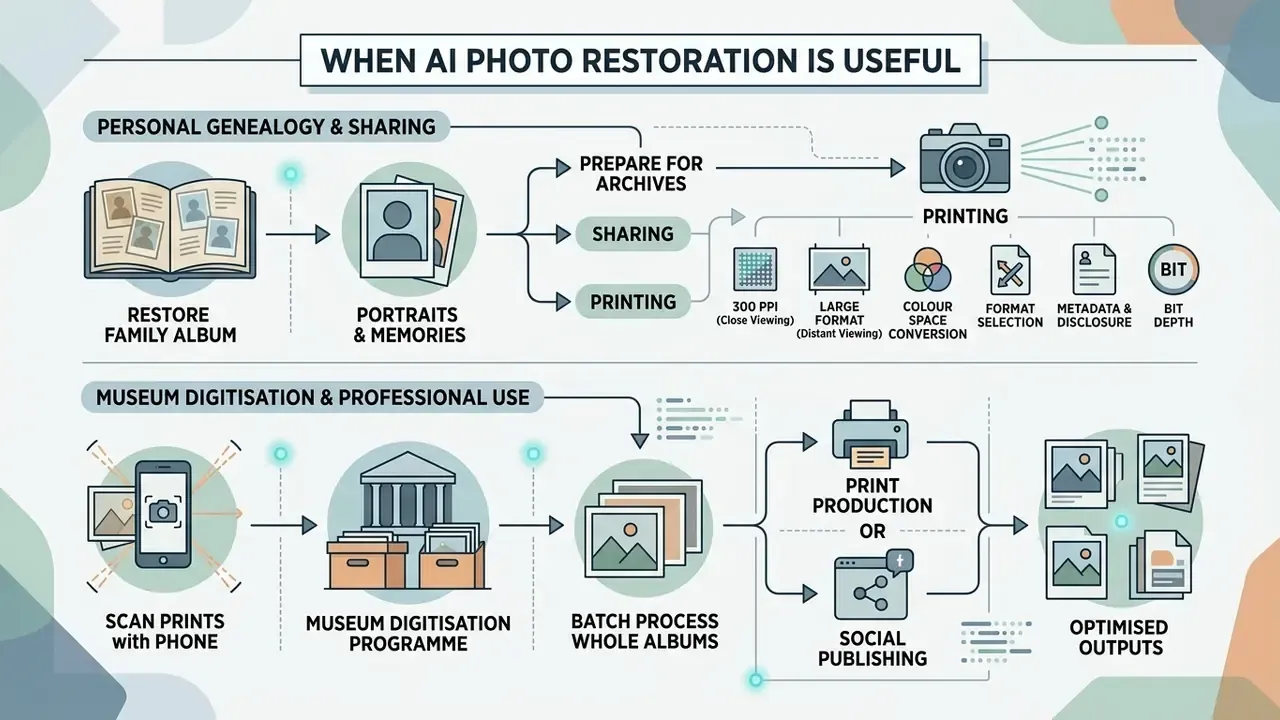 Infographic showing how AI photo restoration supports genealogy projects, museum digitization, and publishing