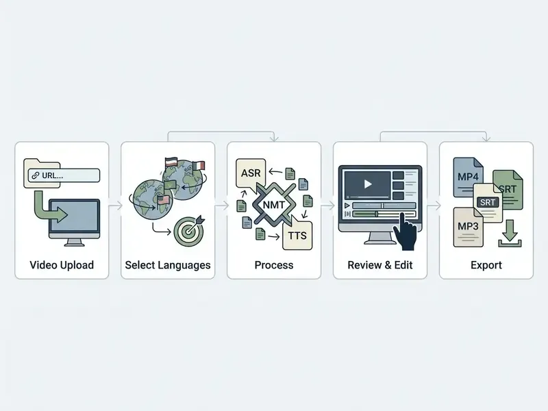 Five sequential steps showing how a free video translator handles uploads, language selection, and export