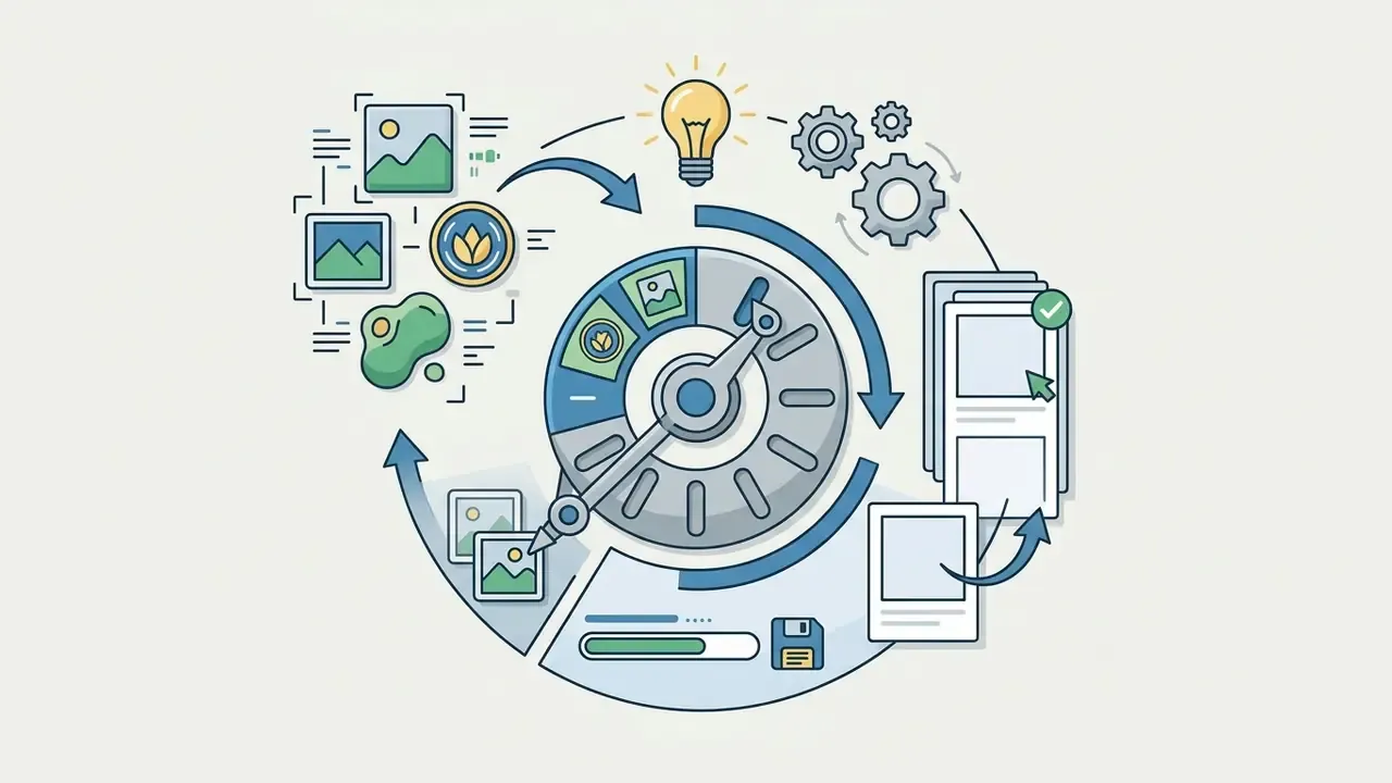 Circular cycle showing how to rotate and update artwork in an art portfolio with a central gauge