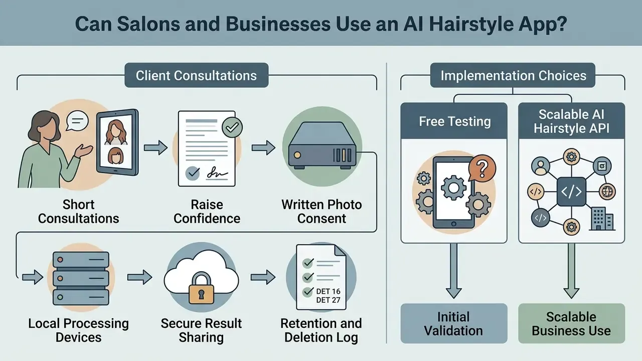 Flowchart outlining salon consultation workflows and implementation choices between testing and an AI API
