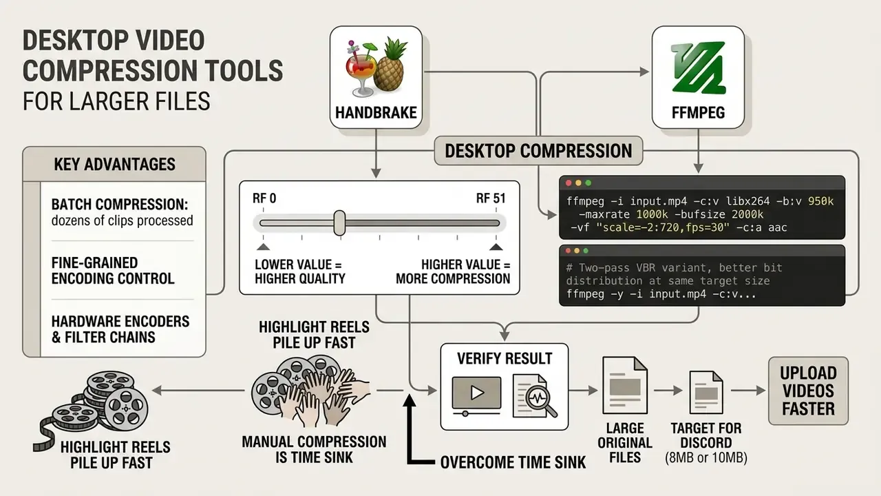 Workflow diagram showing HandBrake and FFmpeg settings for efficient video compression