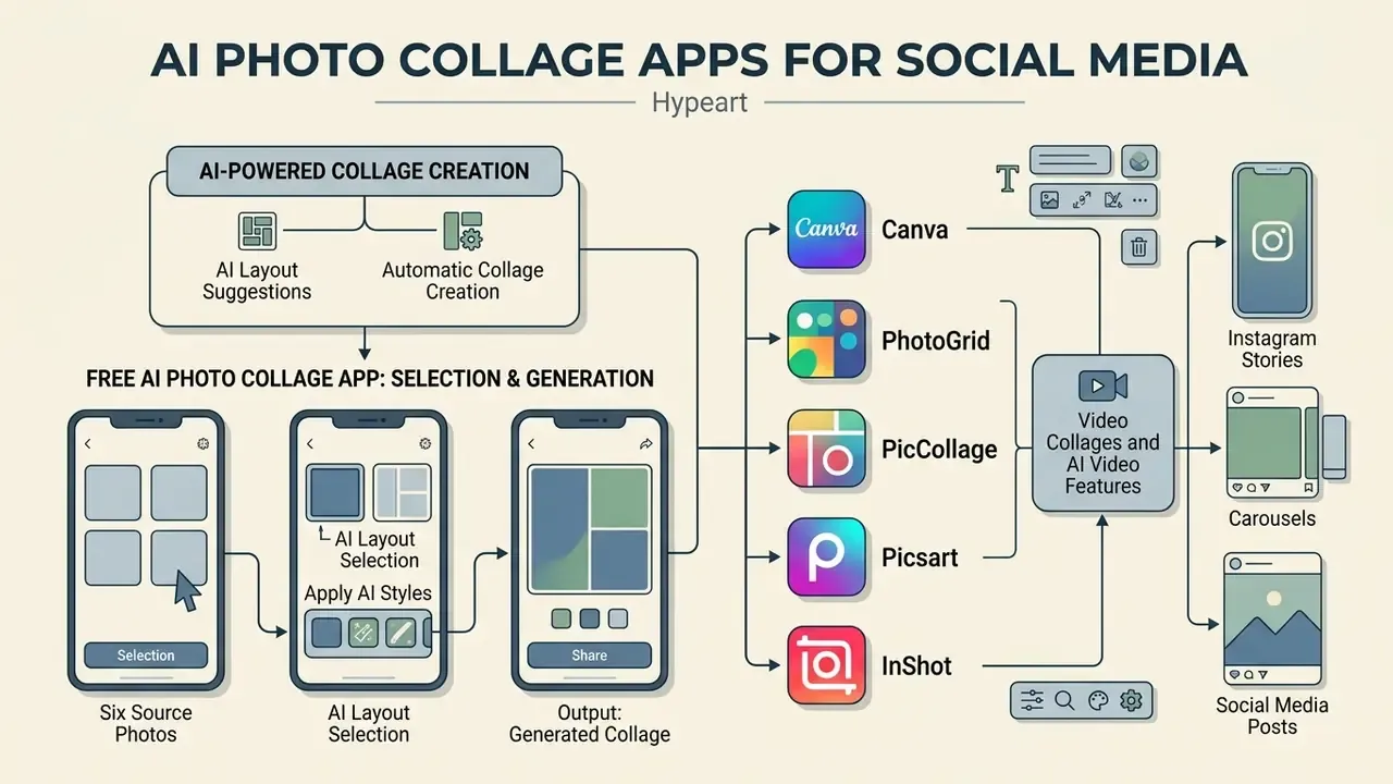 Diagram showing AI collage creation steps and popular apps for social media content