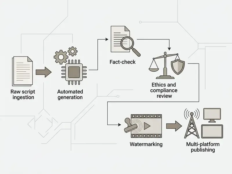 Flowchart showing the editorial review and compliance steps for text to video AI news production