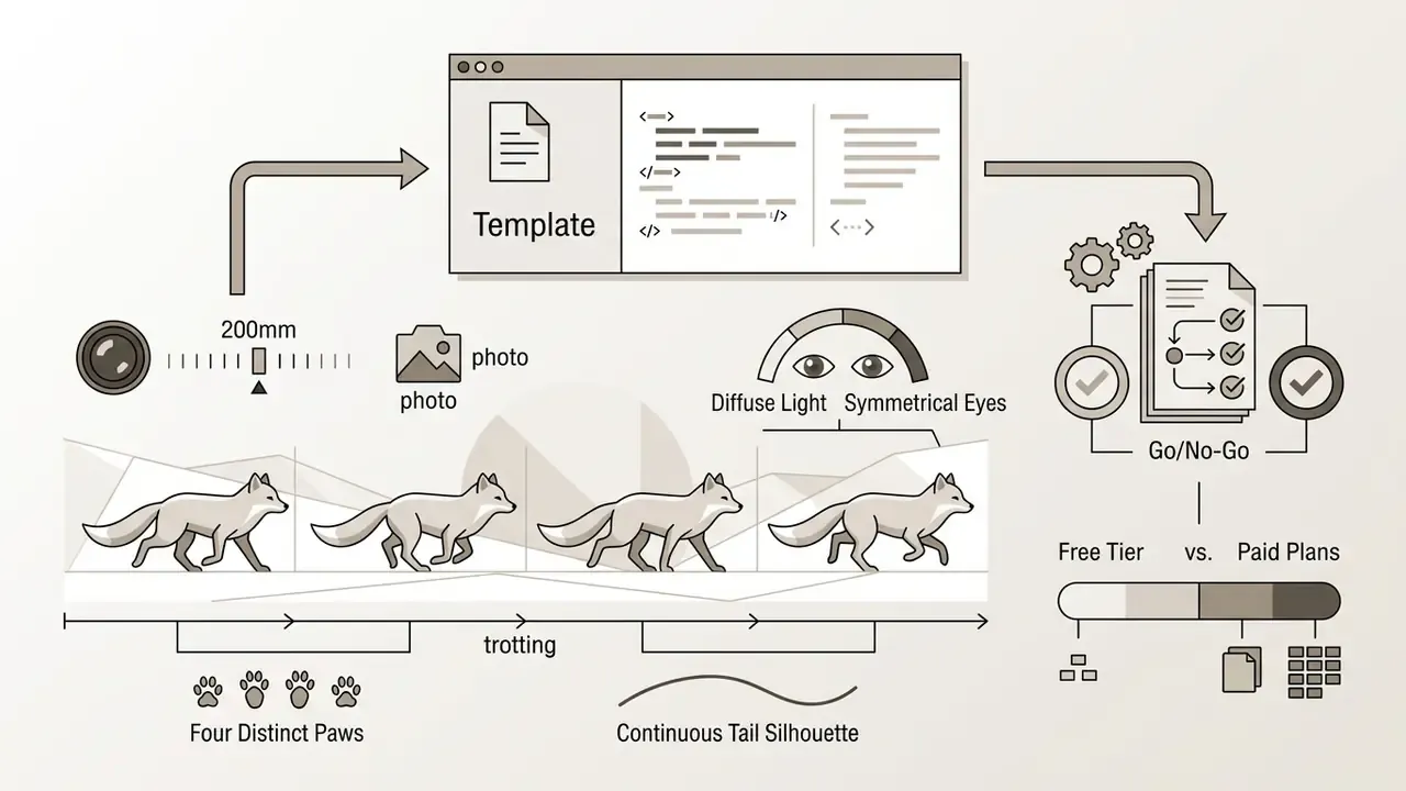 Workflow diagram showing a fox trotting across snow with camera settings and a project review process