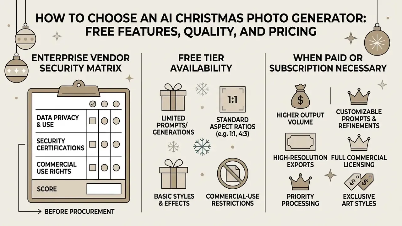 Infographic comparing security, free tier features, and paid subscription benefits for AI photo software