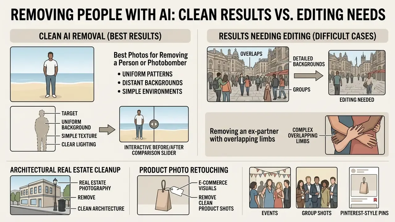 Infographic comparing simple AI person removal from uniform backgrounds against complex editing scenarios