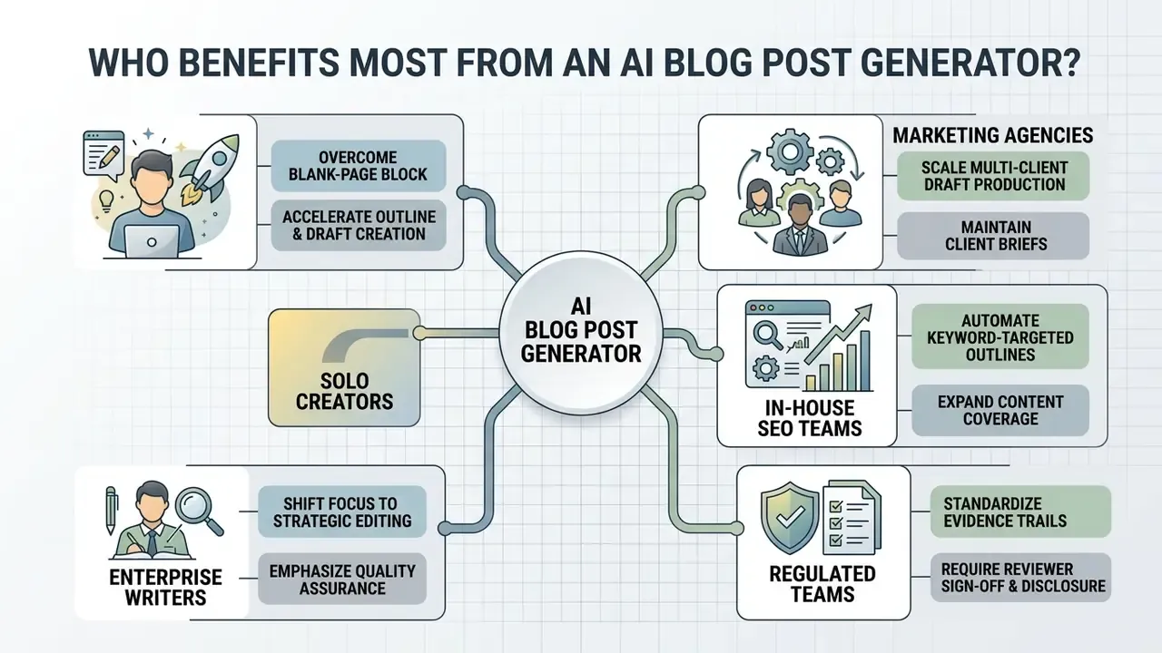 Mind map showing user roles and specific benefits of using an AI blog post generator