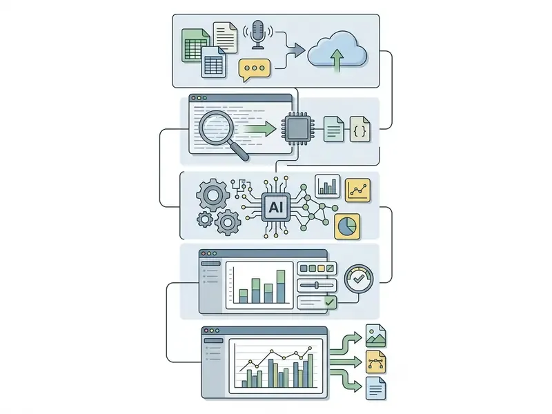 Five step vertical diagram showing data ingestion, processing, AI analysis, chart refinement, and file export